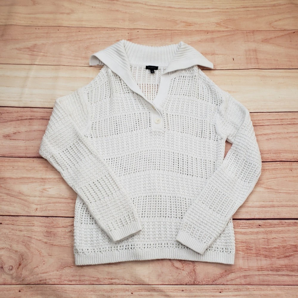 Talbots Open Knit Cotton Sweater Womens Extra Small White Johnny Collar Pullover